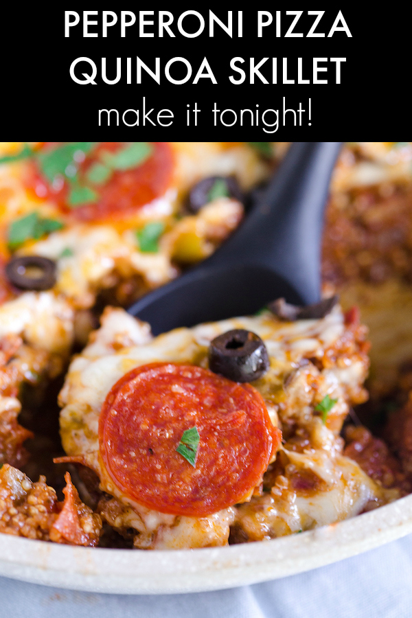 Pepperoni Pizza Quinoa Skillet is an easy and healthier alternative to pizza that your family will love!